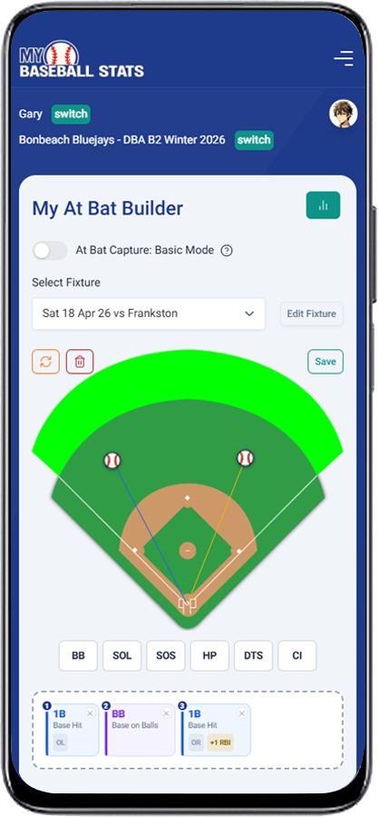 My Baseball Stats At Bat Builder shown on a mobile phone, tracking pitch-by-pitch results for an at bat